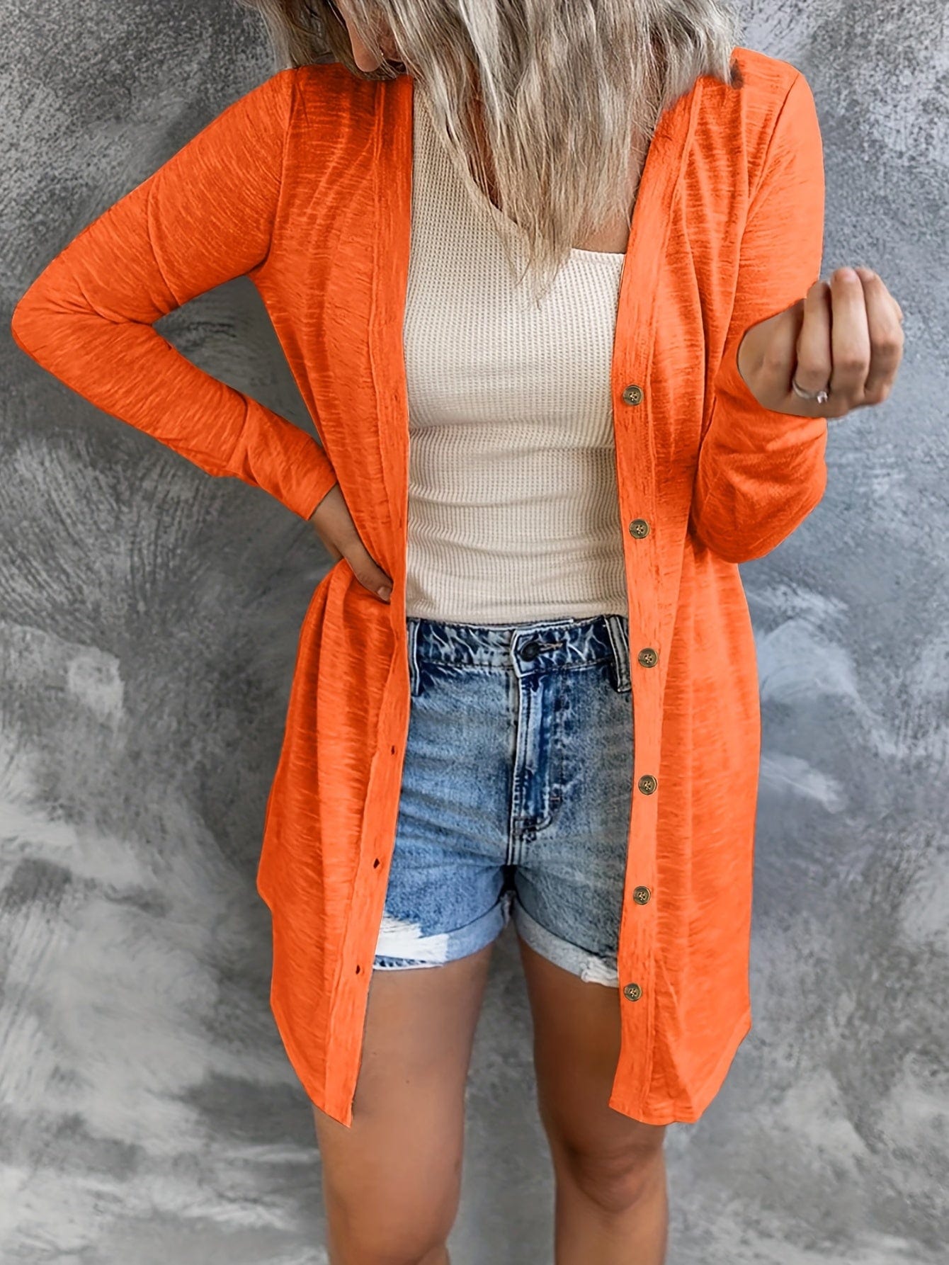 Chic Solid Long Length Button Front Long Sleeve Blouse BLO231012011ORAS(4) Orange / S(4)