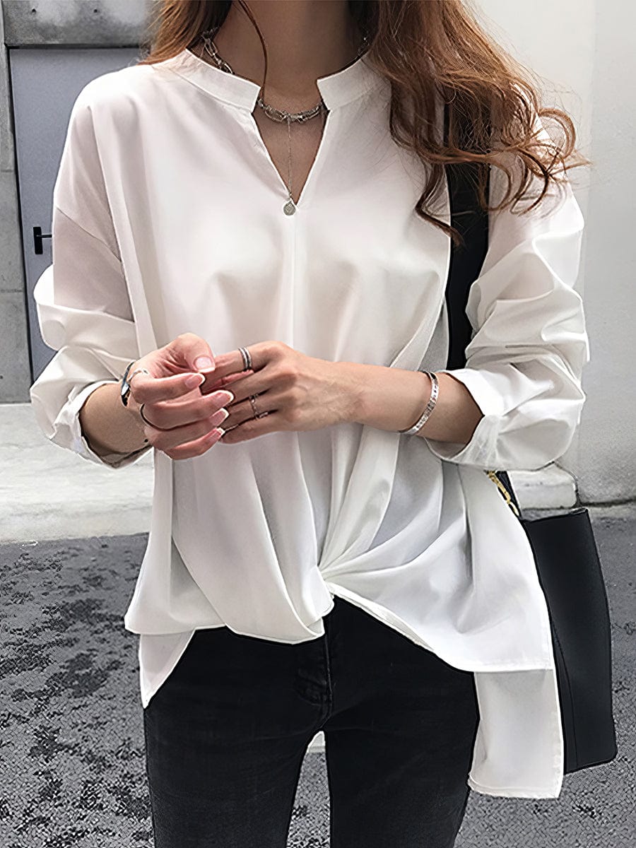 Chiffon Long Sleeve Solid Color V Neck Blouse BLO2304070065WHIM White / 4/6 (M)