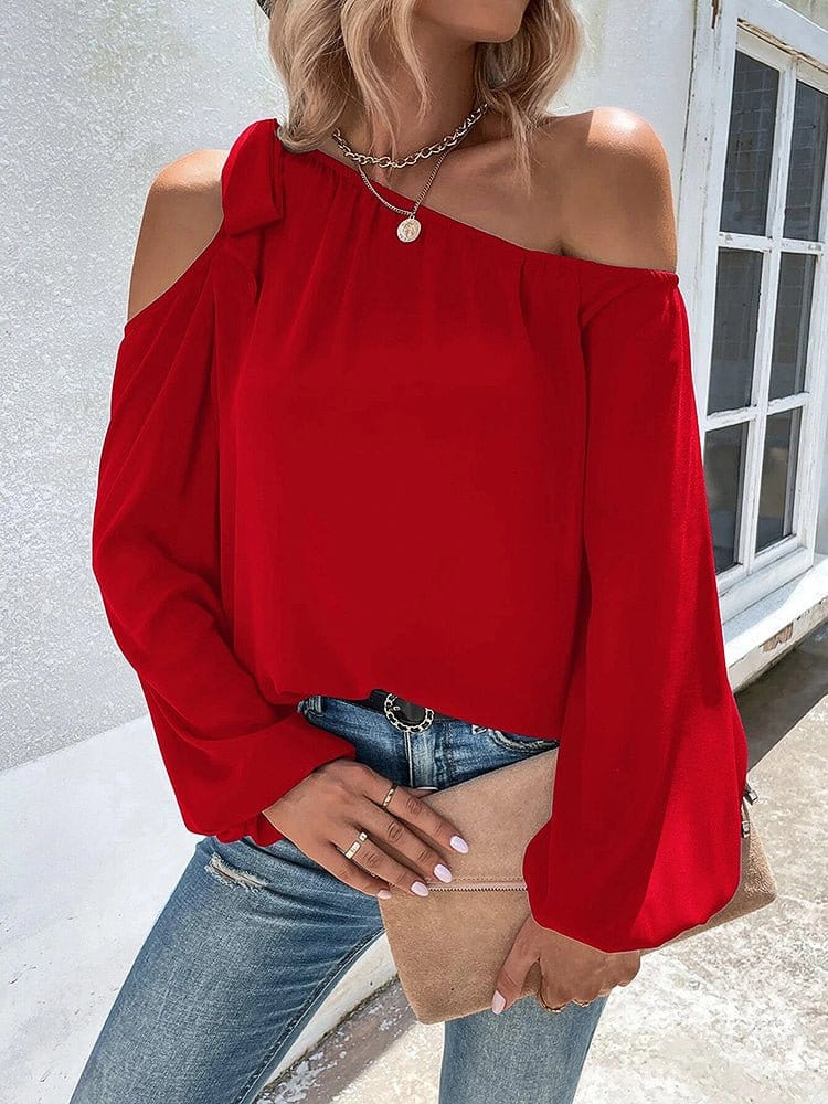 Chiffon Temperament Off Shoulder Tie Loose Blouse BLO2212121930REDS Red / 2 (S)