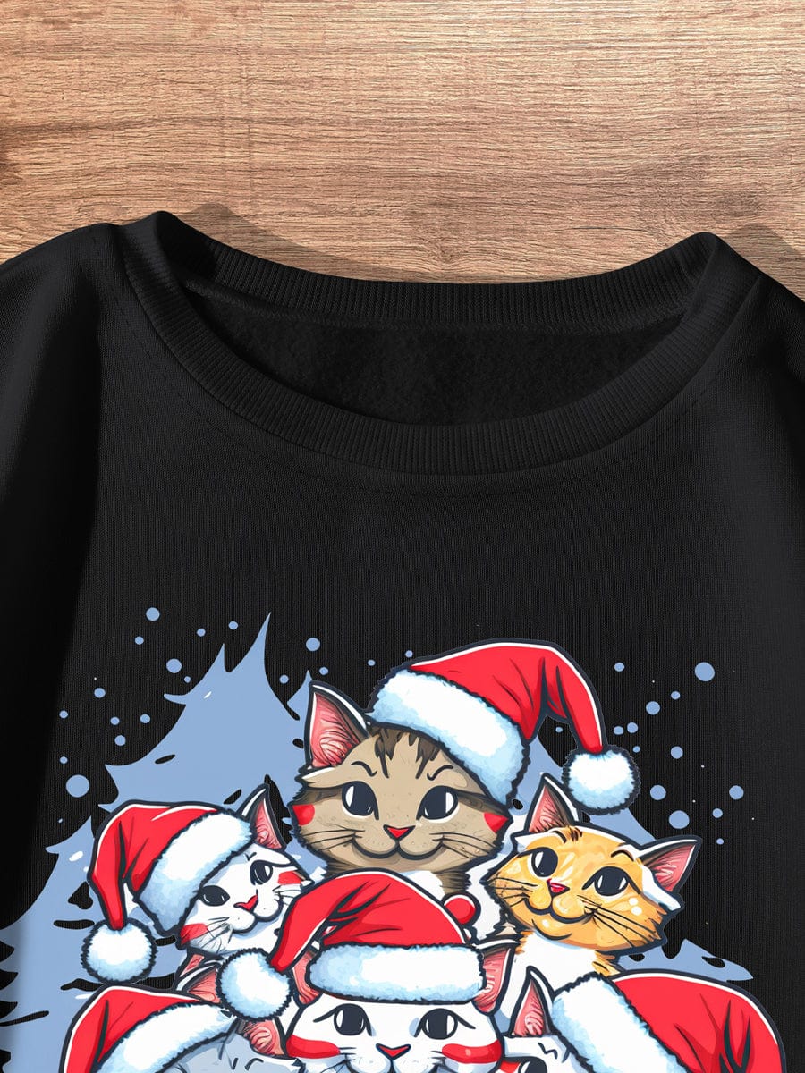 Cozy Christmas Cat Print Winter Sweatshirt