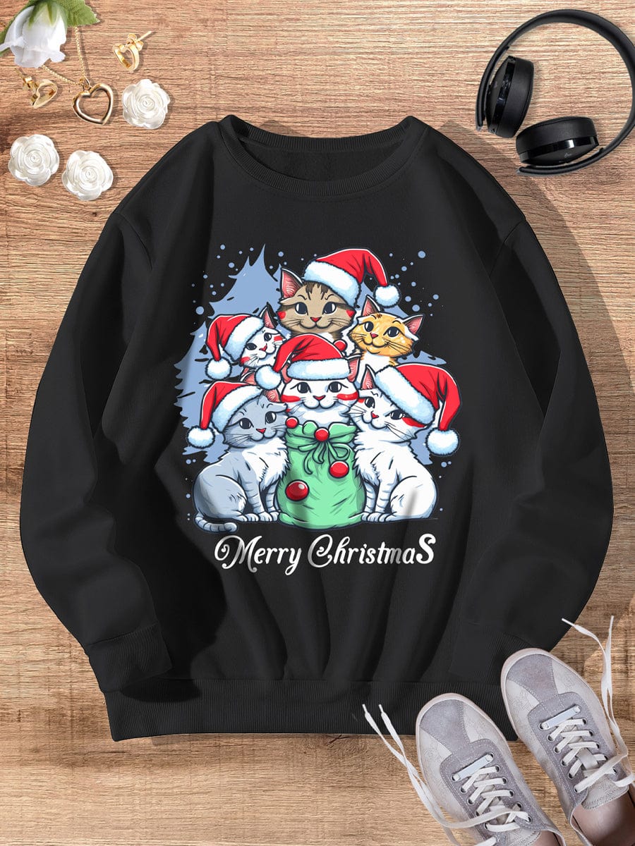 Cozy Christmas Cat Print Winter Sweatshirt