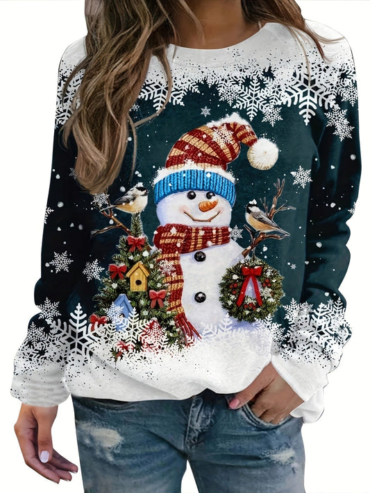 Christmas Snowman Printed Long Sleeve Round Neck Pullover Hoodie HOO231012053DGNS(4) DarkGreen / S(4)