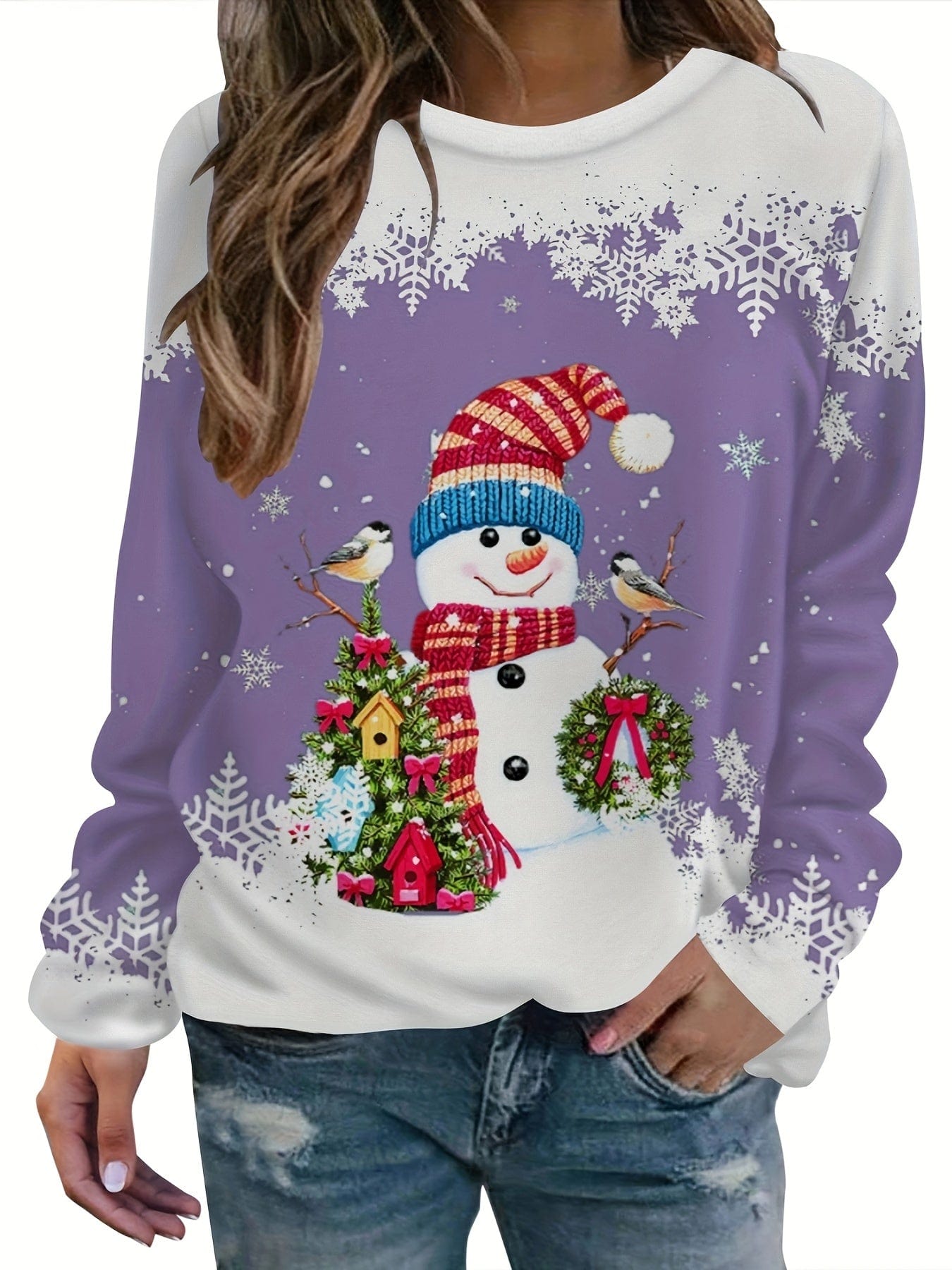 Christmas Snowman Printed Long Sleeve Round Neck Pullover Hoodie HOO231012053PURS(4) Purple / S(4)