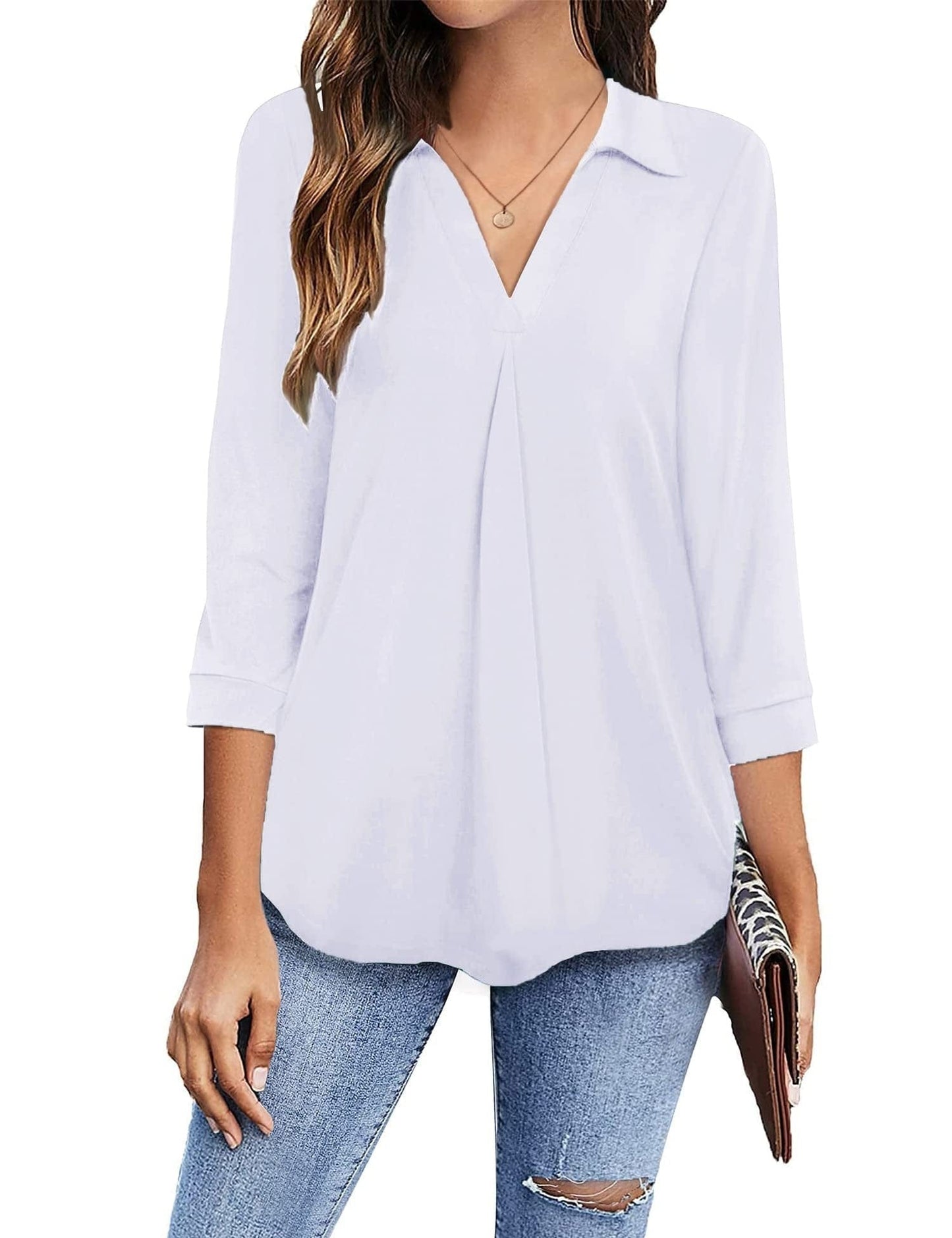 Collared V Neck Casual Loose Blouse BLO2211191918WHIS White / 2 (S)