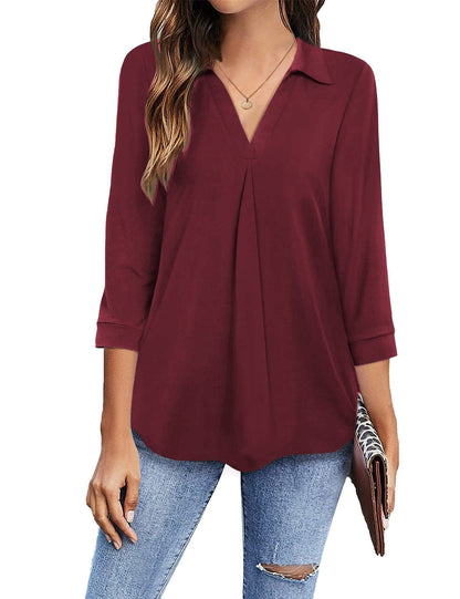 Collared V Neck Casual Loose Blouse BLO2211191918WREDS DarkRed / 2 (S)