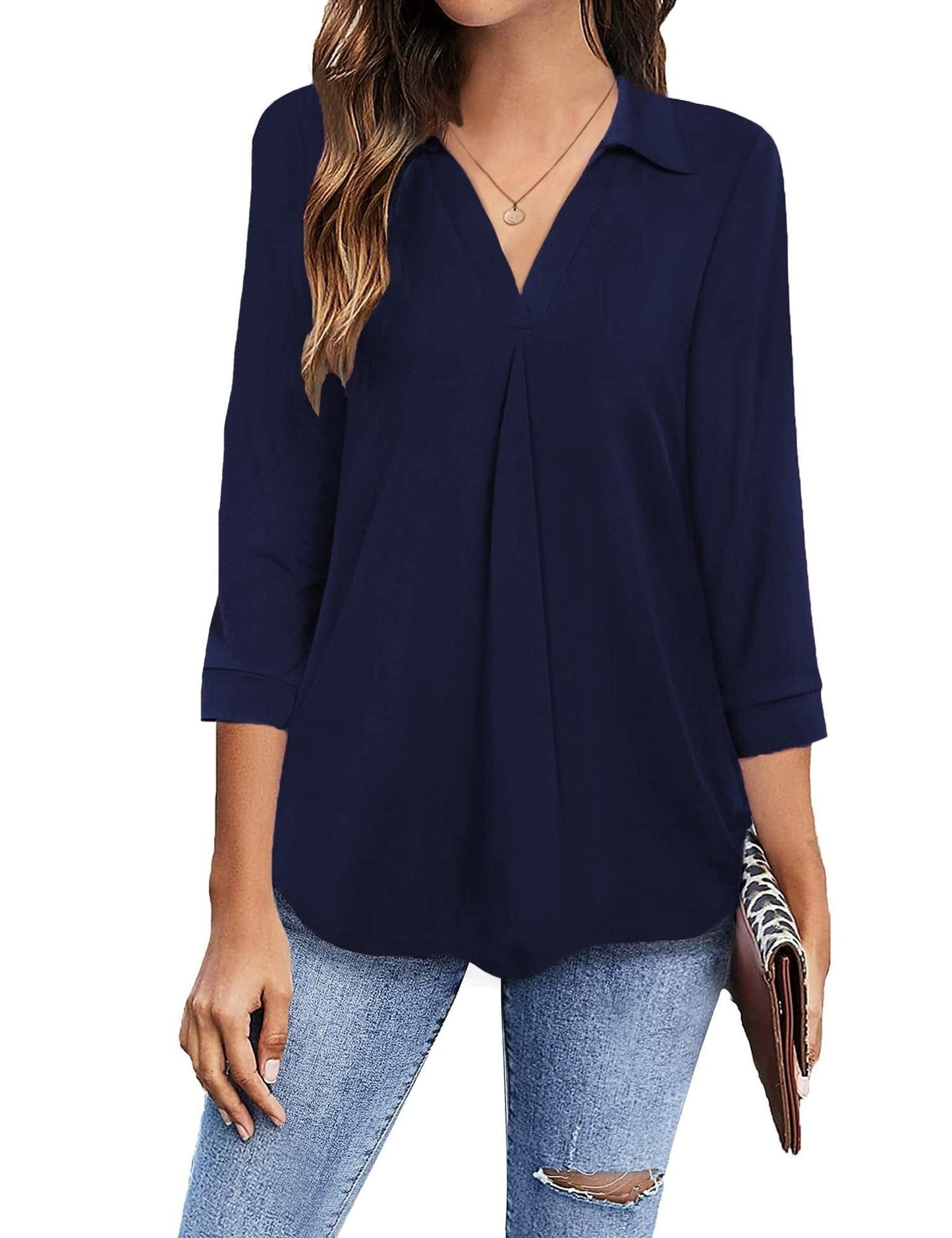 Collared V Neck Casual Loose Blouse BLO2211191918NBLUS Navy / 2 (S)