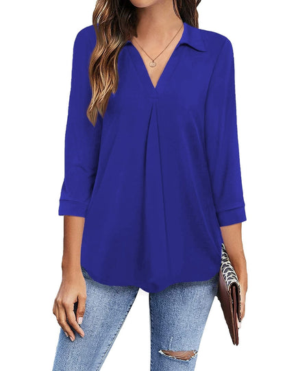 Collared V Neck Casual Loose Blouse BLO2211191918RBLUS Blue / 2 (S)