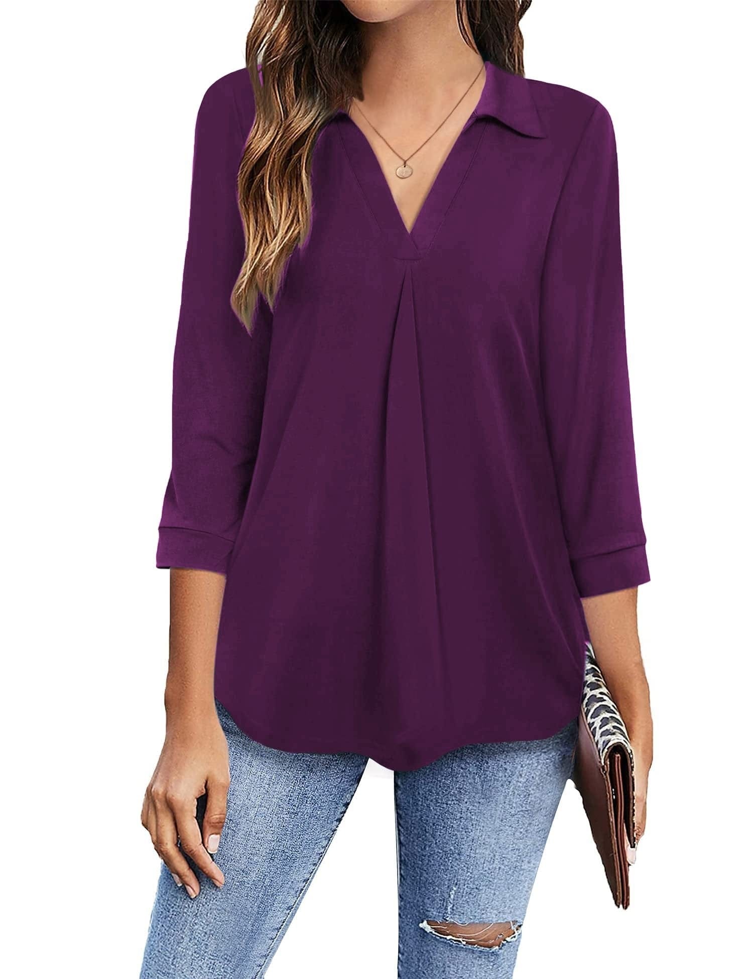 Collared V Neck Casual Loose Blouse BLO2211191918PURS Purple / 2 (S)