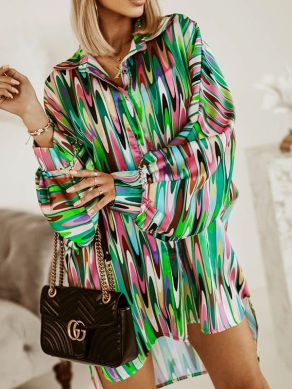 Colorful Long Sleeves Abstract Print Blouse BLO2212011926GRES Green / 2 (S)