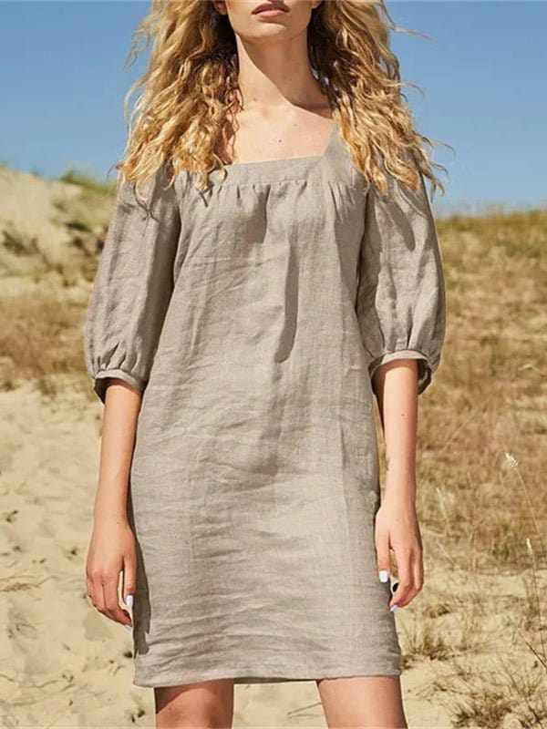 Cotton Linen Loose Casual Half Sleeve Mini Dress DRE2212235681KHAS Khaki / 2 (S)