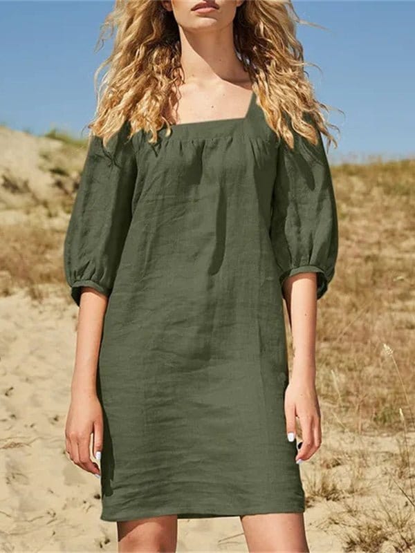 Cotton Linen Loose Casual Half Sleeve Mini Dress DRE2212235681AGRES Olive / 2 (S)