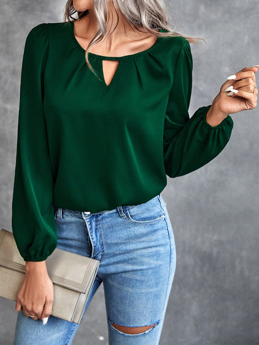 Cozy Casual Panel Solid Color Classic Blouse - Bishop Shirt Closed Scoop Queen Anne Blouse BLO2308290142GRES Green / 2(S)