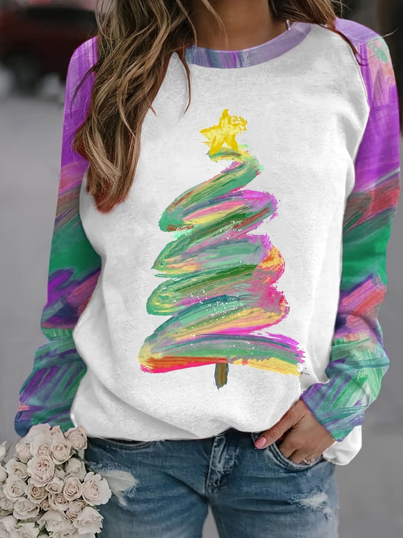 Lit Cozy Christmas Tree Printed Crew Neck Sweatshirt