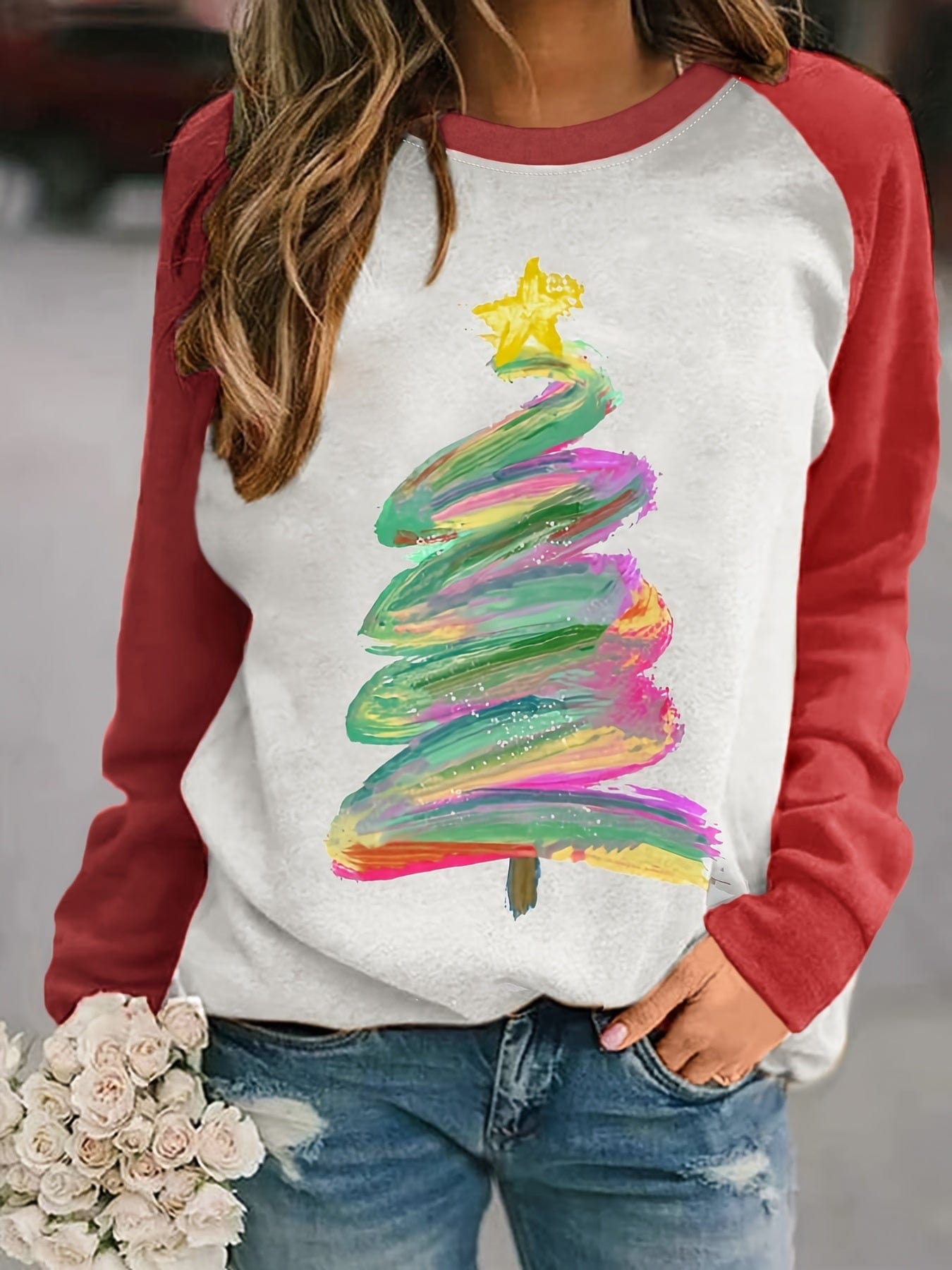 Lit Cozy Christmas Tree Printed Crew Neck Sweatshirt