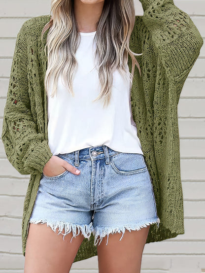 Crochet Loose Long Sleeve Knitted Sweater Cardigan SWE2108101117GRES Green / 2 (S)