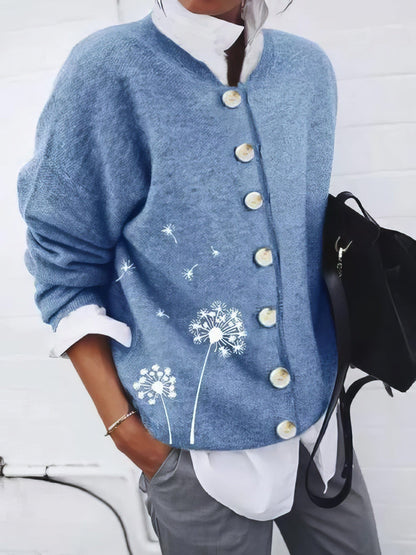 Dandelion Print Button Long Sleeve Cardigan CAR2110251161LBLUS LightBlue / 2 (S)