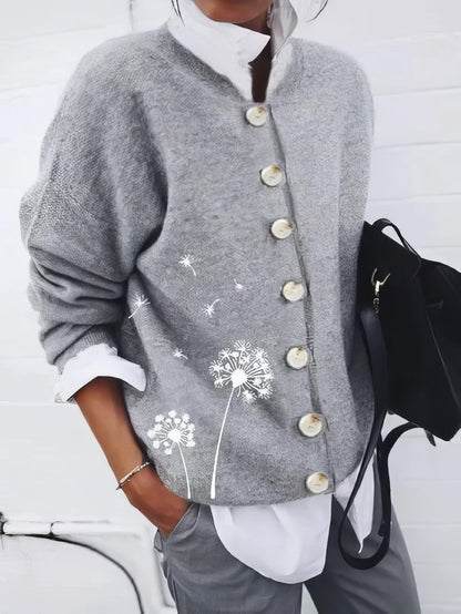 Dandelion Print Button Long Sleeve Cardigan CAR2110251161GRES Gray / 2 (S)