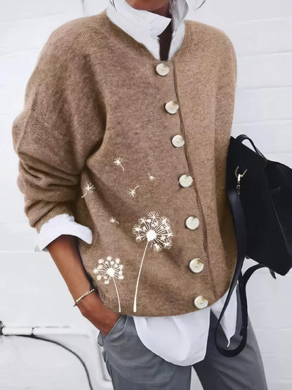 Dandelion Print Button Long Sleeve Cardigan CAR2110251161COFS Brown / 2 (S)