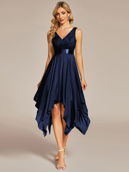 Deep V-Neck Lace Chiffon Bridesmaid Dress with Asymmetrical Hem DRE2310040001NAV4 Navy / 4