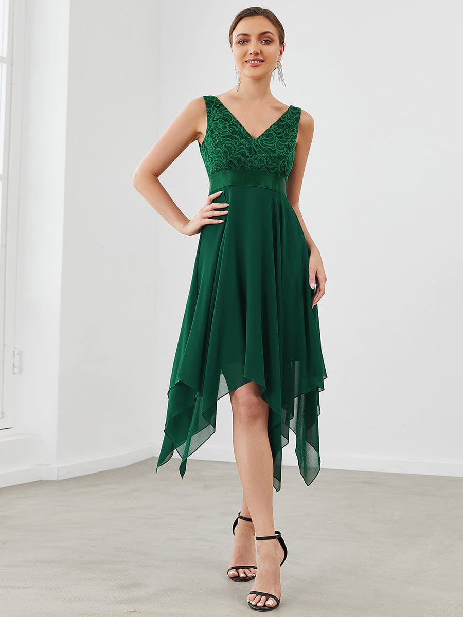 Deep V-Neck Lace Chiffon Bridesmaid Dress with Asymmetrical Hem DRE2310040001DGN4 DarkGreen / 4