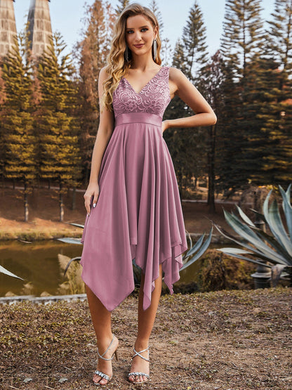 Deep V-Neck Lace Chiffon Bridesmaid Dress with Asymmetrical Hem DRE2310040001RBN4 RosyBrown / 4