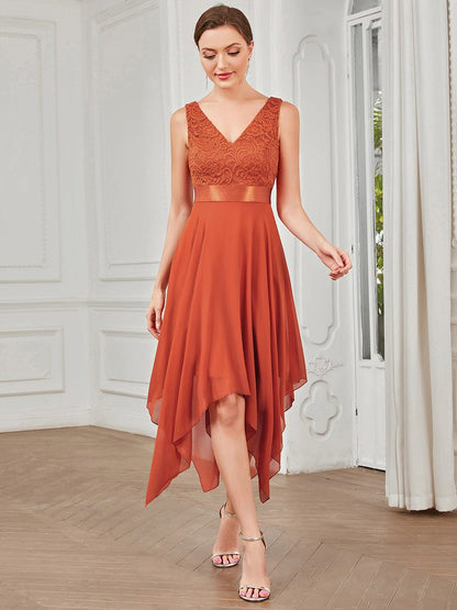 Deep V-Neck Lace Chiffon Bridesmaid Dress with Asymmetrical Hem DRE2310040001ORA4 Orange / 4