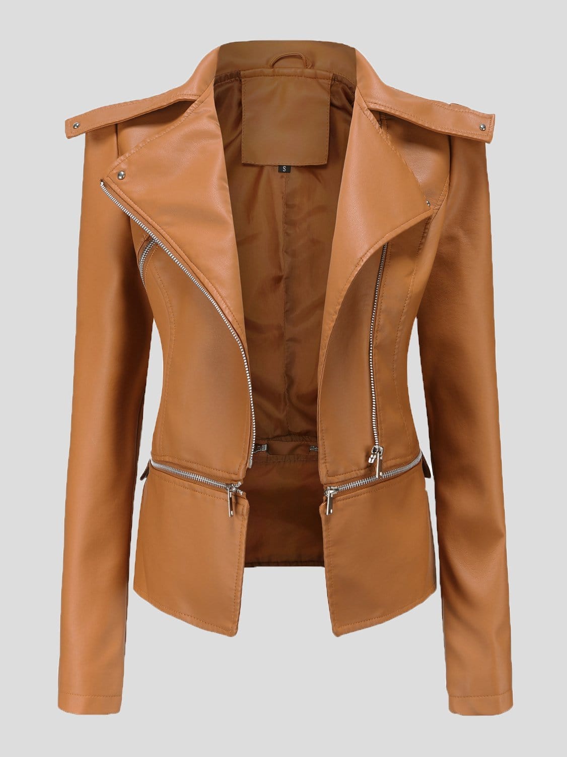 Detachable Hem Long Sleeve Fashion Leather Jacket JAC2110281172CAMS Brown / 2 (S)