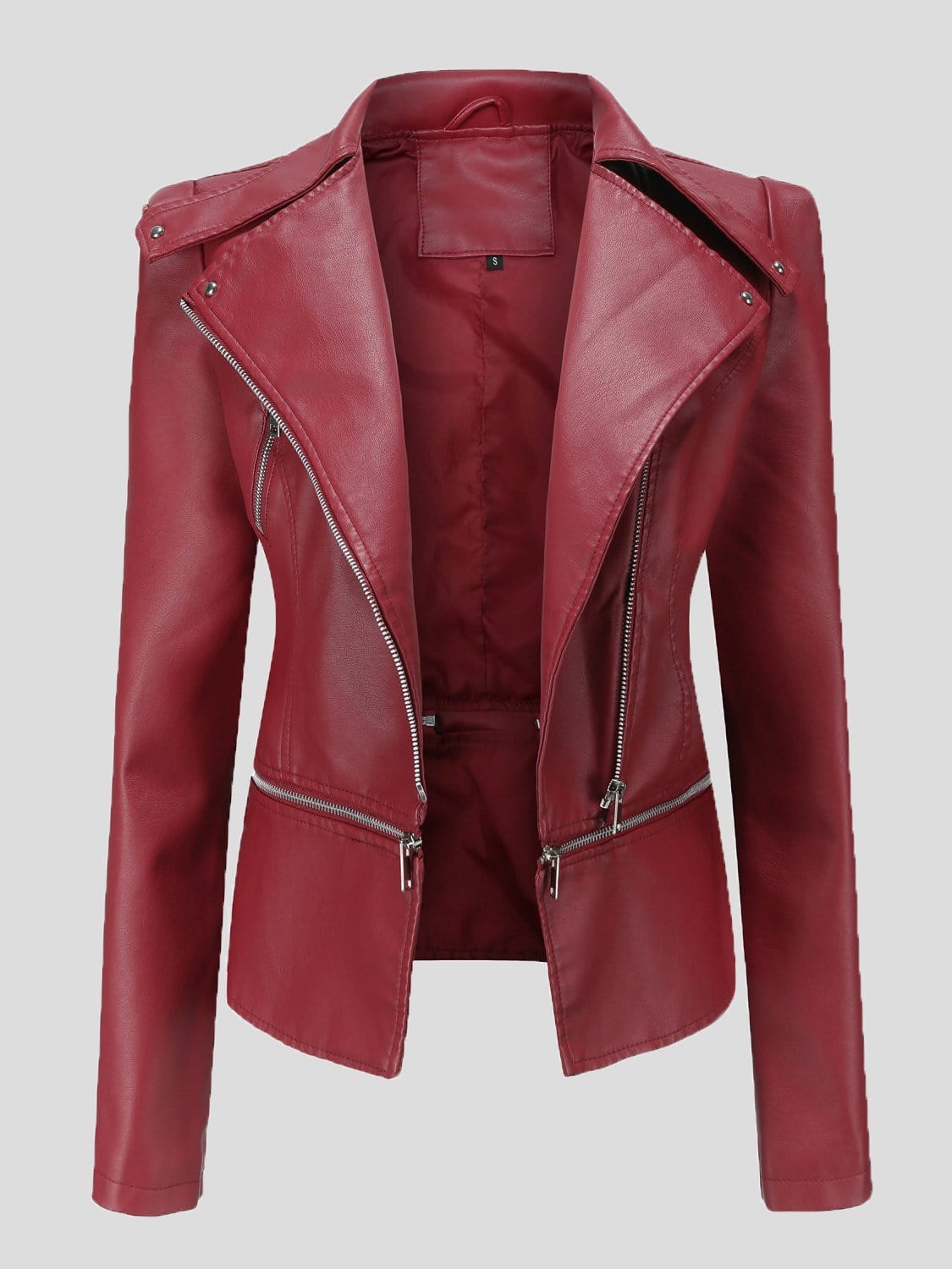 Detachable Hem Long Sleeve Fashion Leather Jacket JAC2110281172WREDS DarkRed / 2 (S)