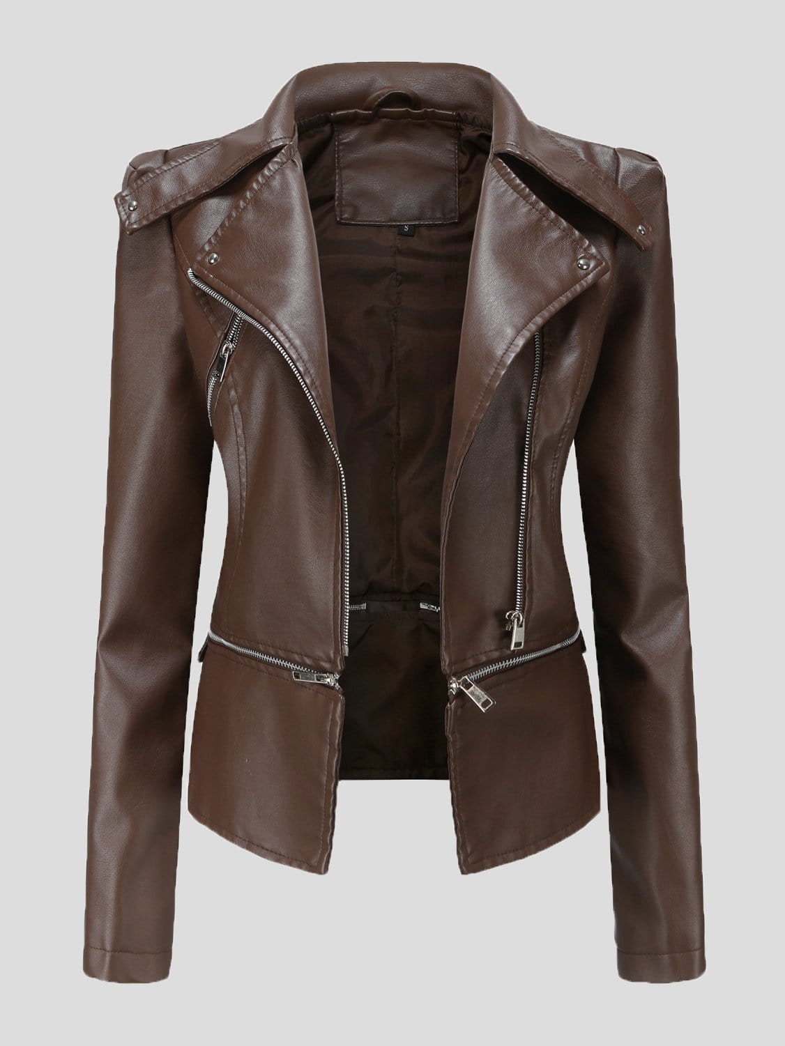 Detachable Hem Long Sleeve Fashion Leather Jacket JAC2110281172COFS SaddleBrown / 2 (S)