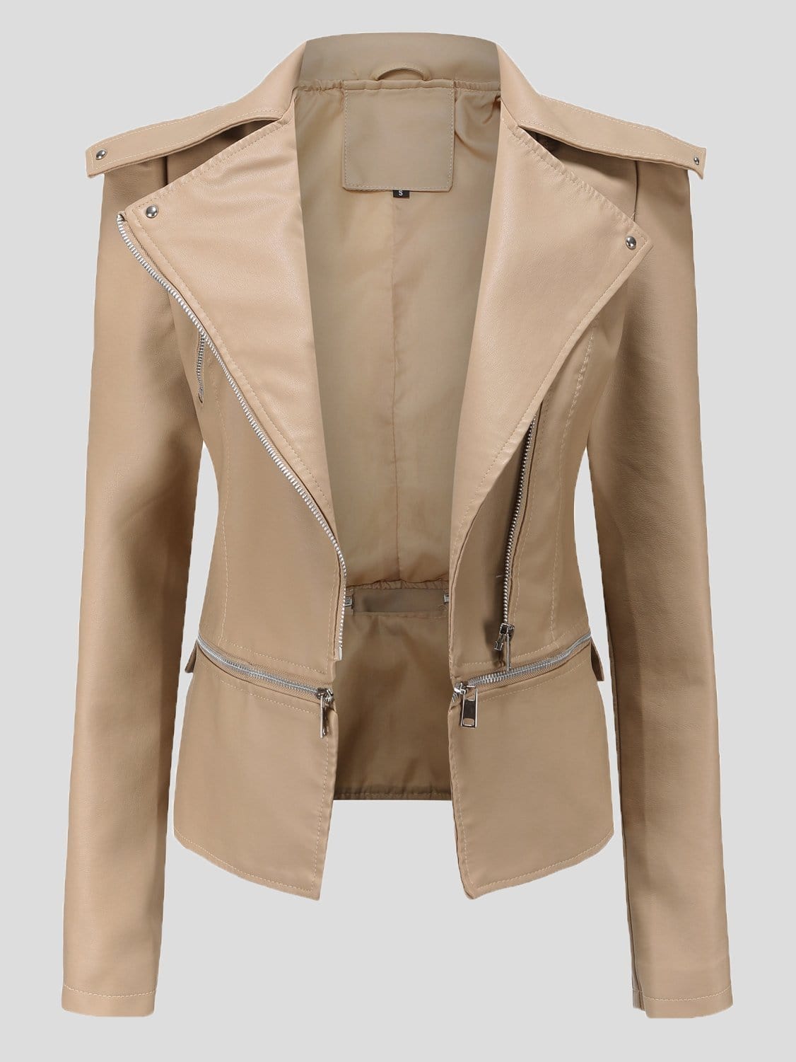 Detachable Hem Long Sleeve Fashion Leather Jacket JAC2110281172APRS Beige / 2 (S)