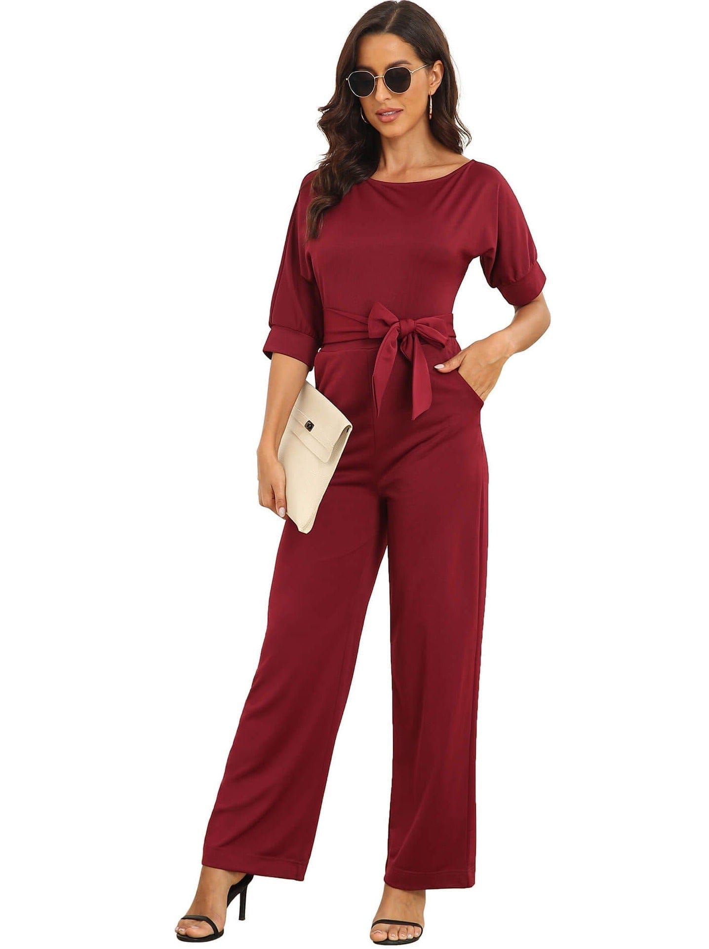 Dressy Jumpsuits for Women - Beige - Loose, Casual, Off-Shoulder, Wide Leg, Elastic Waist, Stretchy, 3/4 Sleeve