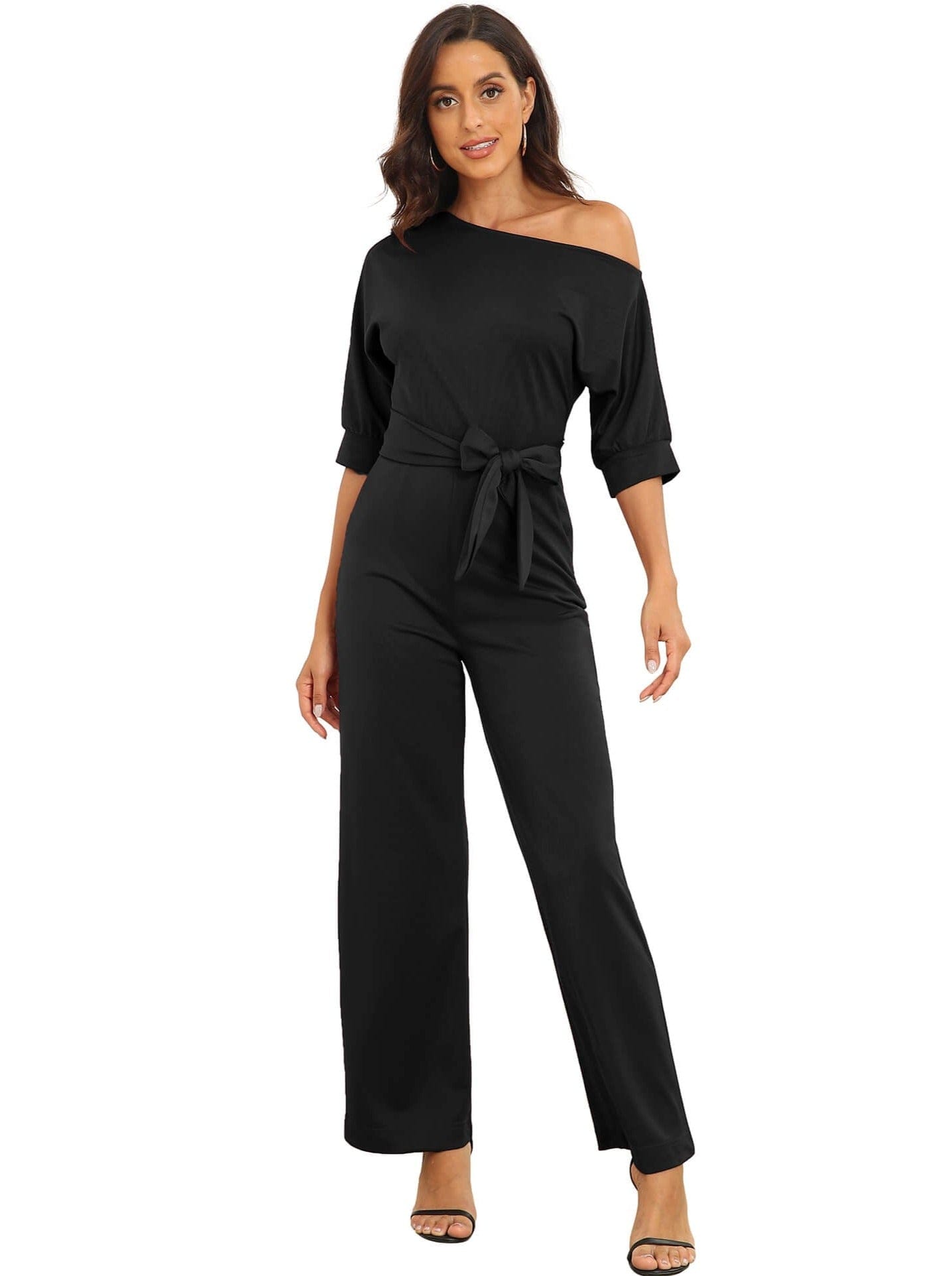 Dressy Jumpsuits for Women - Beige - Loose, Casual, Off-Shoulder, Wide Leg, Elastic Waist, Stretchy, 3/4 Sleeve JUM2210111822BLAS Black / 2 (S)