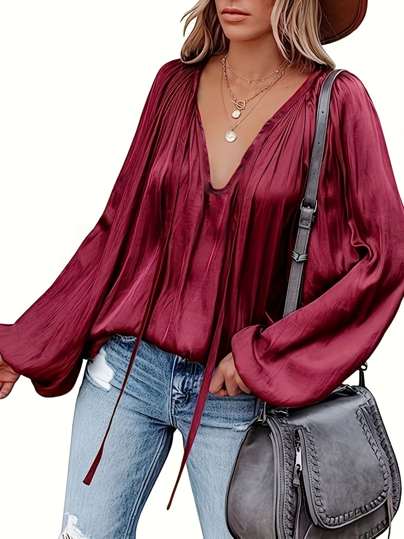 Effortlessly Stylish Solid Tie Neck Pleated Blouse TEMU2311150658S(4) DarkRed / S(4)