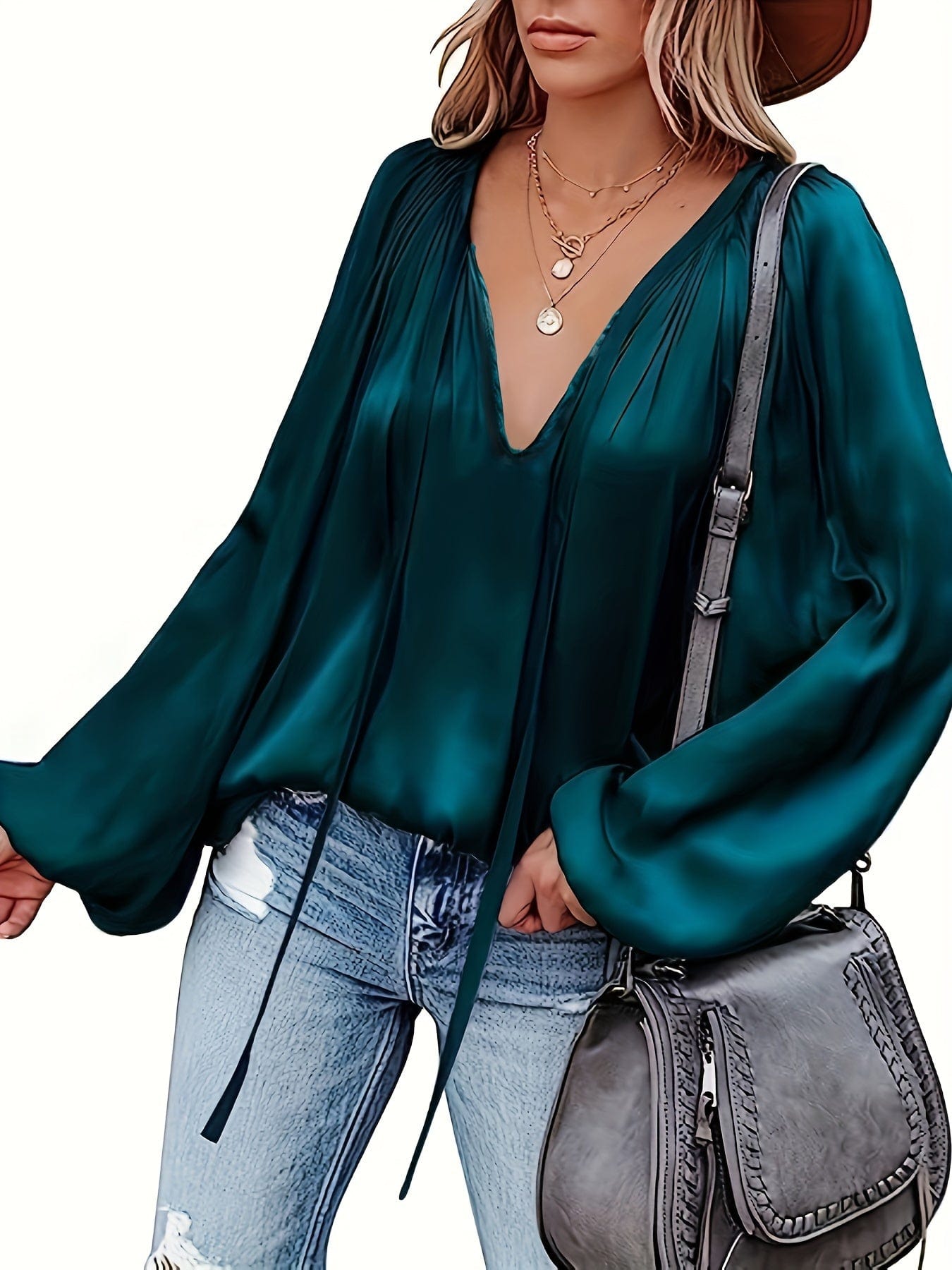 Effortlessly Stylish Solid Tie Neck Pleated Blouse TEMU2311150659S(4) DarkGreen / S(4)