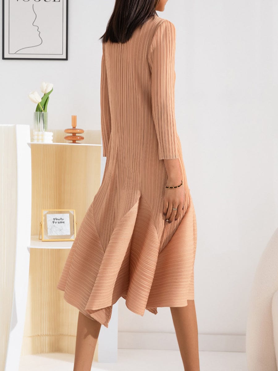 Elegant Fashionable Pleated Solid Color All Match Midi Dress