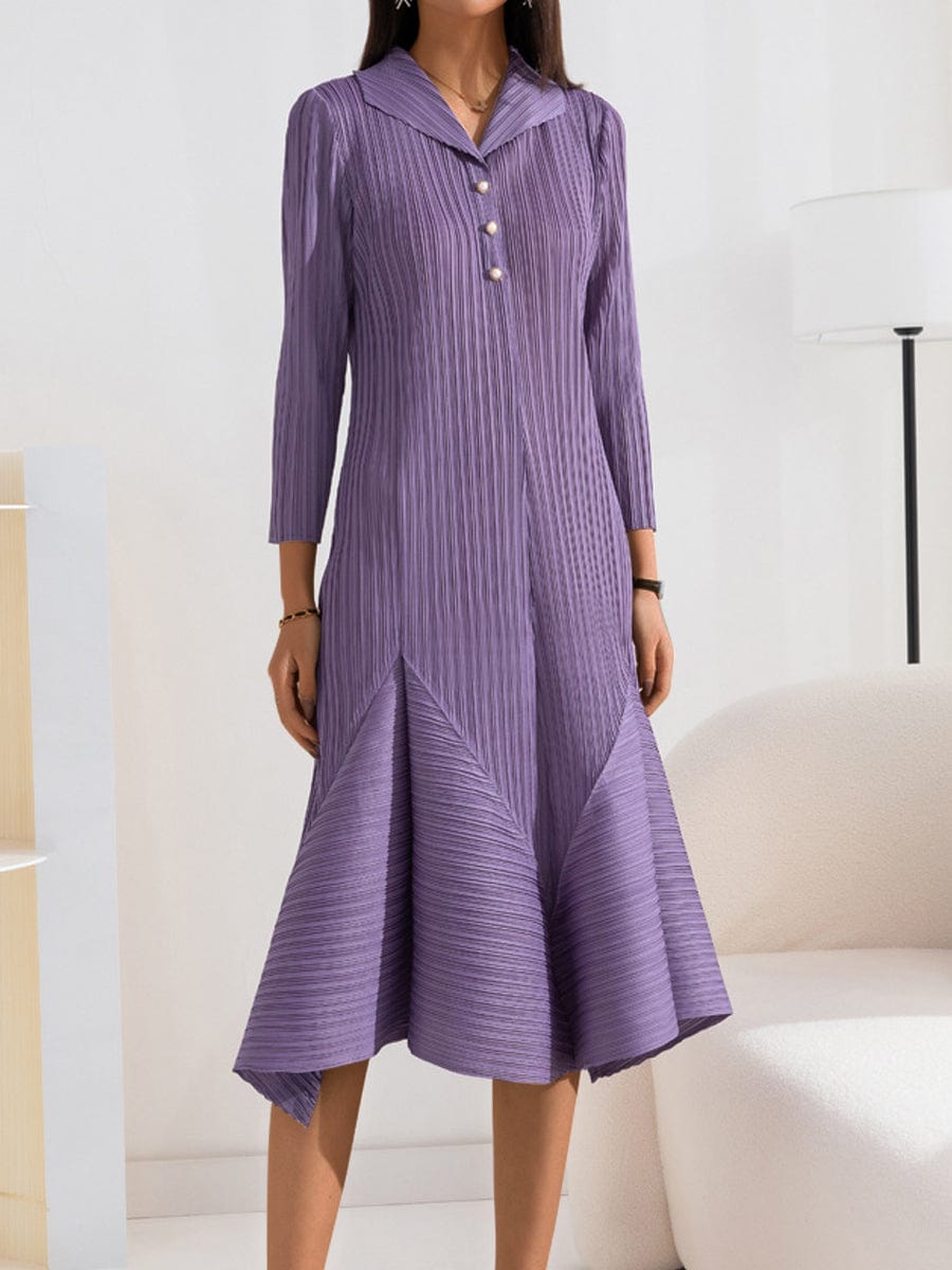 Elegant Fashionable Pleated Solid Color All Match Midi Dress DRE2307070280PURONESIZE Purple / 4/6(M)
