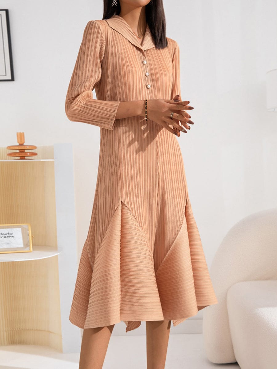 Elegant Fashionable Pleated Solid Color All Match Midi Dress DRE2307070280KHAONESIZE Khaki / 4/6(M)