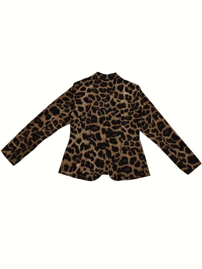 Elegant Leopard Print Open Front Lapel Long Sleeve Blazer