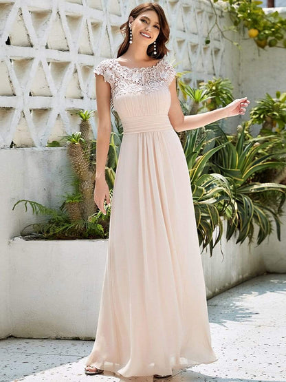 Elegant Maxi Long Lace Bridesmaid Dress with Cap Sleeve DRE230978201BSH4 Pink / 4
