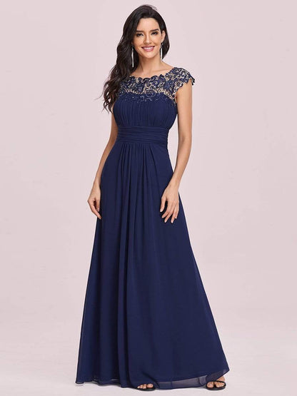 Elegant Maxi Long Lace Bridesmaid Dress with Cap Sleeve DRE230978221NBY4 Navy / 4