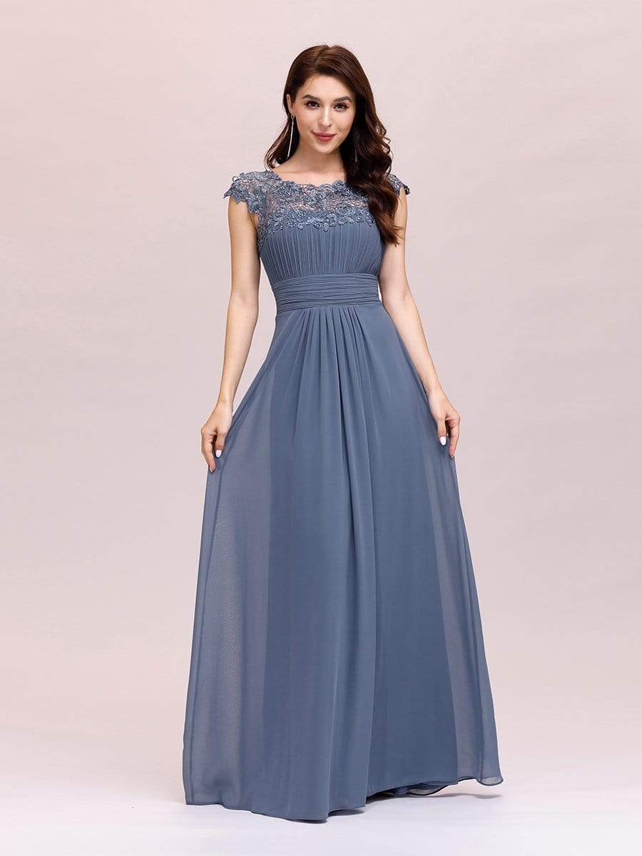 Elegant Maxi Long Lace Bridesmaid Dress with Cap Sleeve DRE230978211DNV4 Blue / 4
