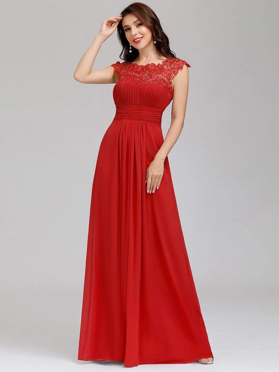 Elegant Maxi Long Lace Bridesmaid Dress with Cap Sleeve DRE230978263RED4 Red / 4