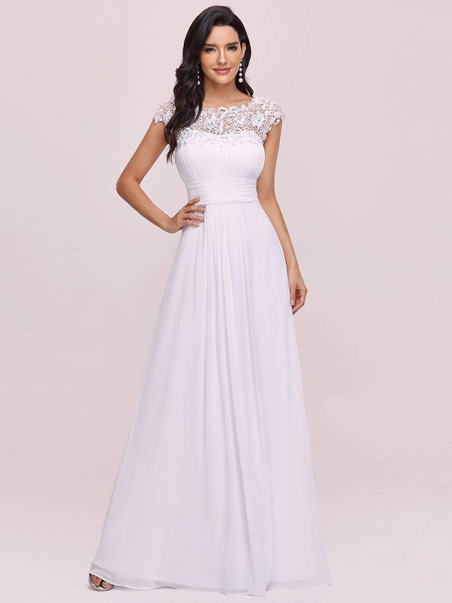 Elegant Maxi Long Lace Bridesmaid Dress with Cap Sleeve DRE230978233WHT4 White / 4