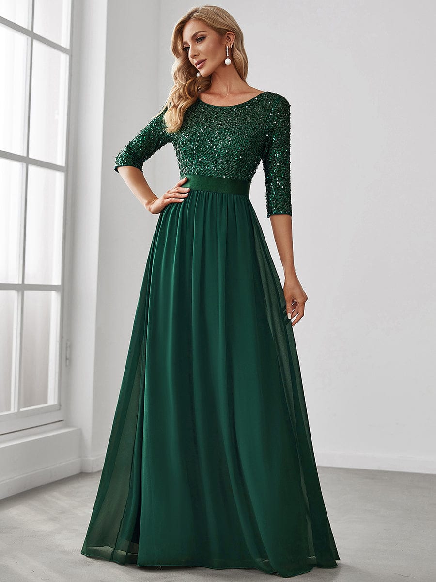 Elegant Round Neckline Long Sleeves Sequin Evening Dress DRE230975415DGV4 DarkGreen / 4