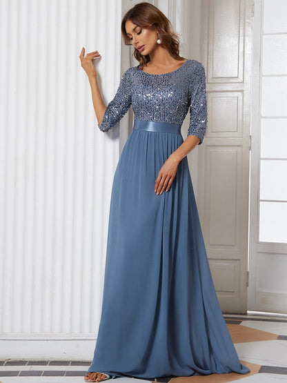 Elegant Round Neckline Long Sleeves Sequin Evening Dress DRE230975401DNV4 Blue / 4