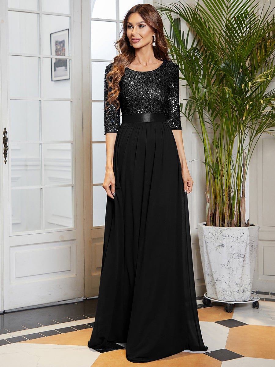 Elegant Round Neckline Long Sleeves Sequin Evening Dress DRE230975427BLK4 Black / 4