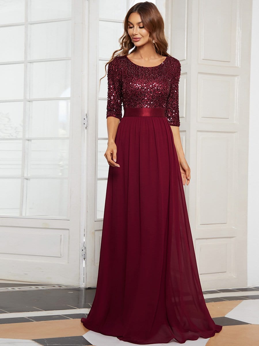 Elegant Round Neckline Long Sleeves Sequin Evening Dress DRE230975439BDG4 DarkRed / 4