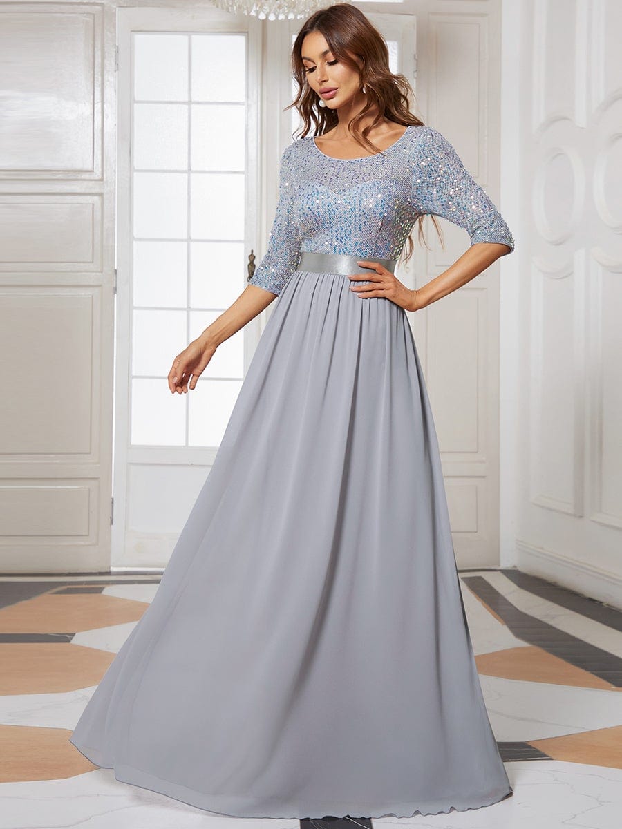 Elegant Round Neckline Long Sleeves Sequin Evening Dress DRE230975465SVR4 Silver / 4