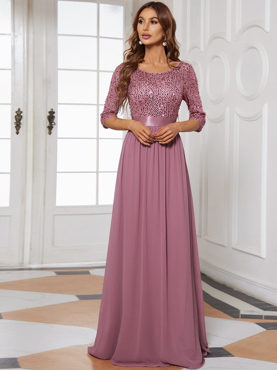 Elegant Round Neckline Long Sleeves Sequin Evening Dress DRE230975477POH4 RosyBrown / 4