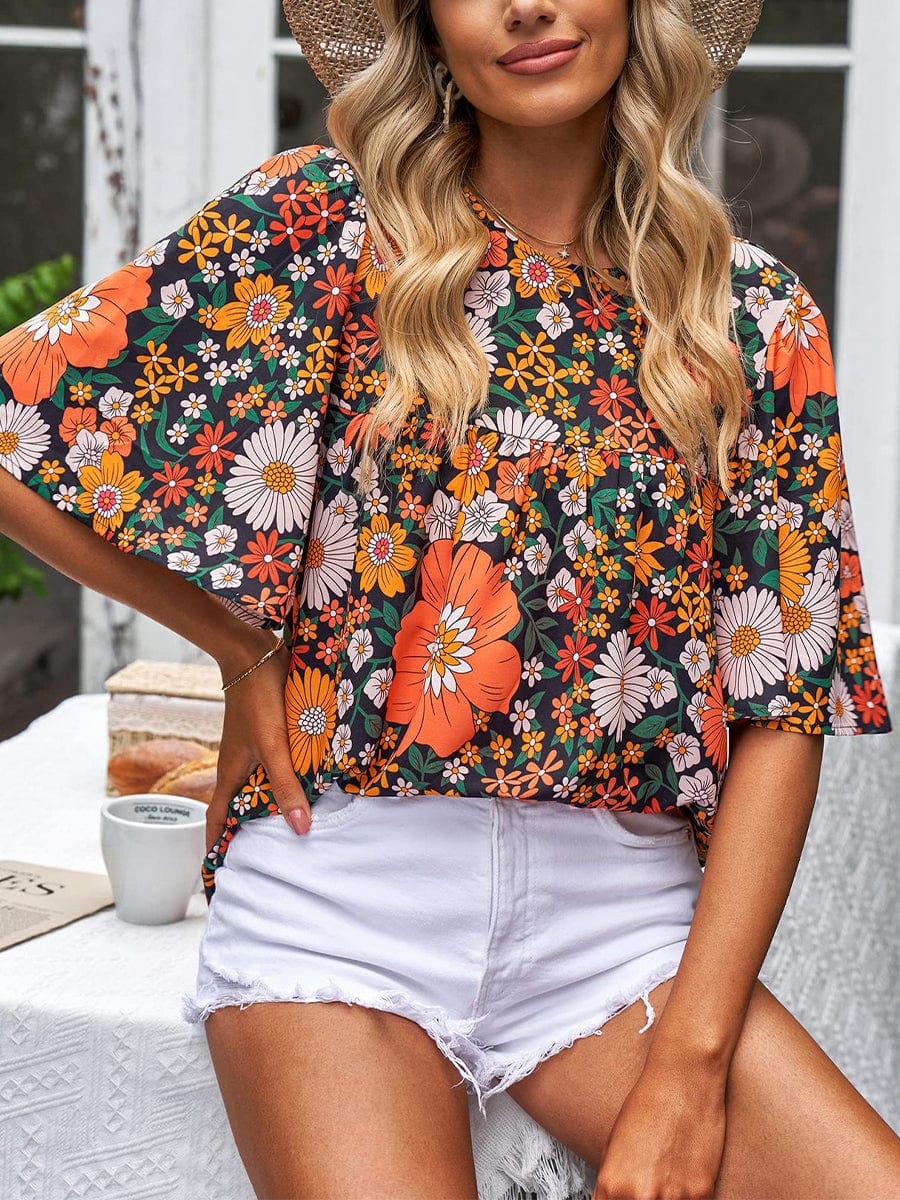 Fashion Casual Floral Print Loose Short Sleeve T-Shirt TSH2304030125ORAS Orange / 2 (S)